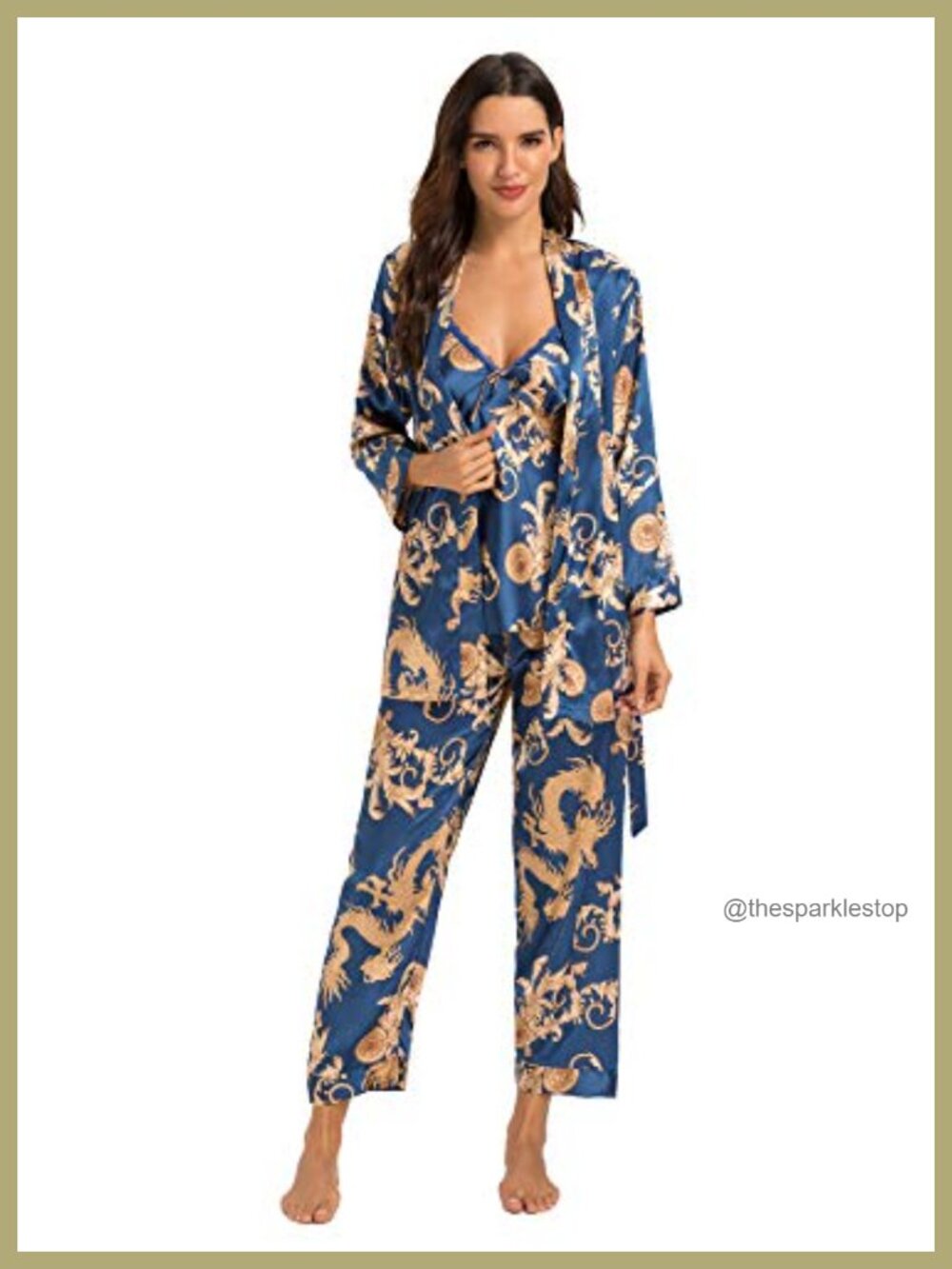 Women's Floral Silk Satin 3Pc Pajama Set Cami Robe Pants Sleepwear